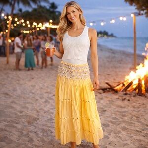 Y2K Boho Gauze Embellished Festival Ready
Maxi Skirt Tie Waist Fits Sz S-XL